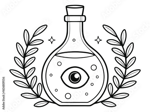 A magical bottle with plants around and an eyeball inside, coloring book page. Vector illustration