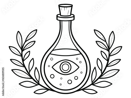 A magical bottle with plants around and an eyeball inside, coloring book page. Vector illustration
