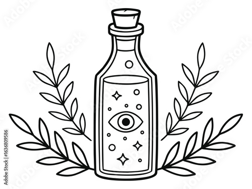 A magical bottle with plants around and an eyeball inside, coloring book page. Vector illustration