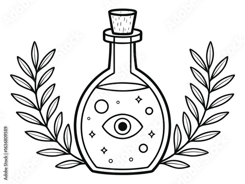 A magical bottle with plants around and an eyeball inside, coloring book page. Vector illustration