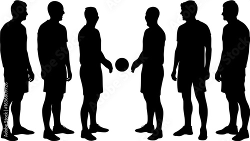"Graphic design of seven identical male sports silhouettes, positioned in a straight line across the center of the frame, with a single soccer ball between the two middle players. Simple, flat illustr