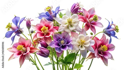 An artful arrangement of colorful flowers in full bloom on white background