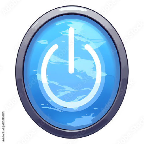 A blue power button icon with a metallic border and a textured watery background.