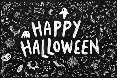 Decorative Halloween greeting with fun doodles and spooky elements displayed on a black backdrop Generative AI