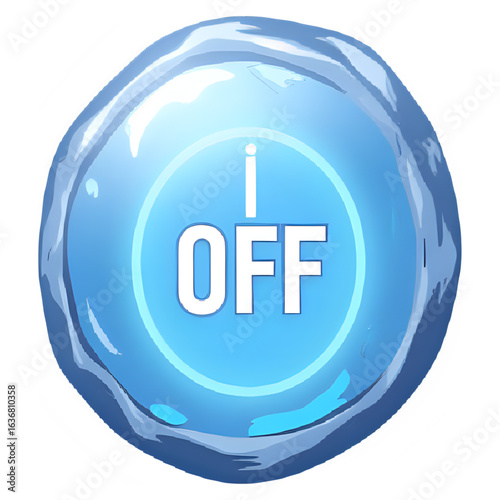 A blue, round button with the word "OFF" and a power symbol, indicating the off state.