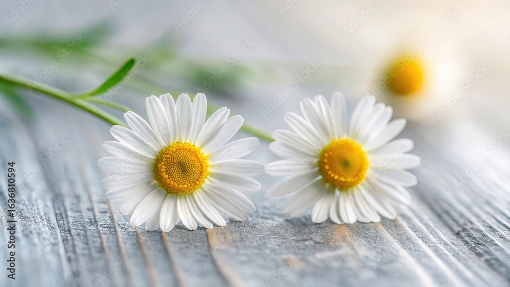 Obraz premium Two delicate white daisies with yellow centers rest on weathered wooden planks with soft blurred background light
