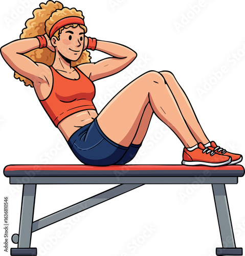 Woman doing sit ups on bench fitness exercise in gym workout session 