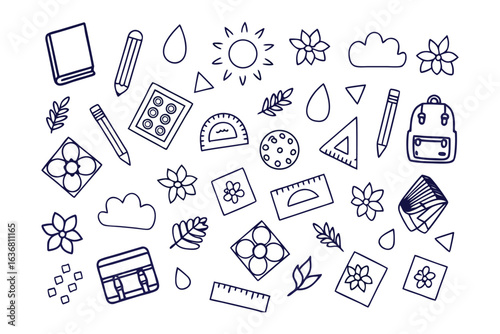 School Time Stationery: Playful arrangement of essential school supplies like pens, pencils, and notebooks. Whimsical illustrated array of learning, creativity and education.