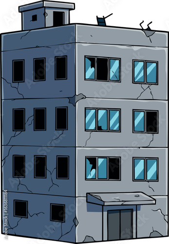 Damaged concrete building with broken windows and cracks vector illustration 