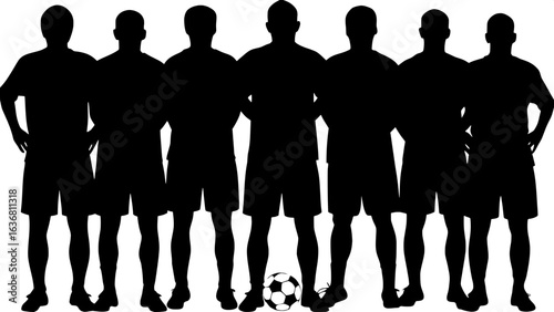 "Monochrome silhouette artwork of a soccer team: seven figures standing shoulder to shoulder, evenly spaced, minimalist design with a central ball on a stark white background. Strong themes of cohesio