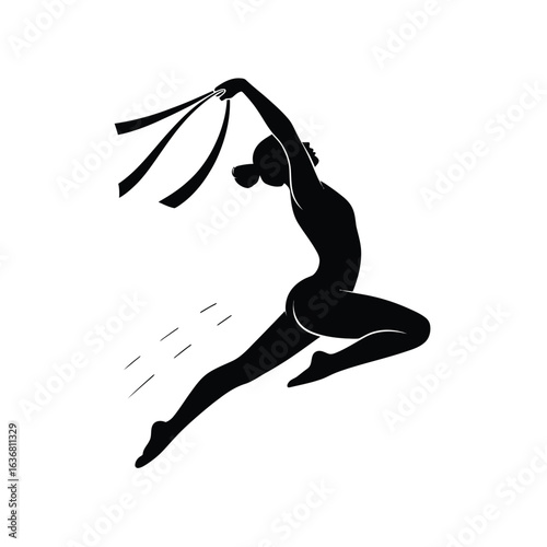 Graceful silhouette of a gymnast performing with a ribbon