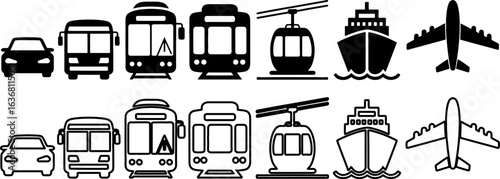 Transportation icon set with car, bus, tram, cable car, ship, and airplane in solid and outline style