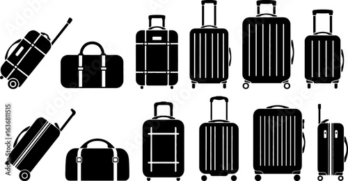 Travel luggage and suitcase black silhouette icon set isolated on white background