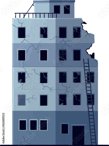 Damaged multi-story building with cracks and broken windows vector illustration 