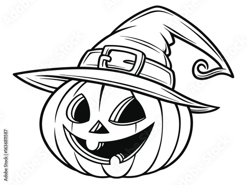 A coloring book page drawing of a Jack O' Lantern Halloween pumpkin