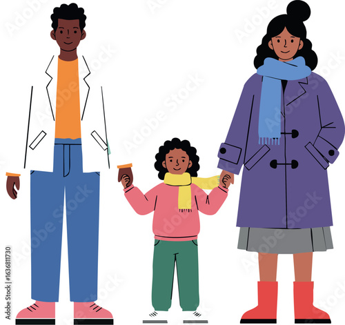 Diverse family holding hands wearing winter clothes standing together vector illustration 