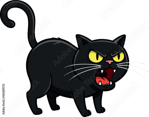 Angry black cat illustration with yellow eyes and raised tail vector image 
