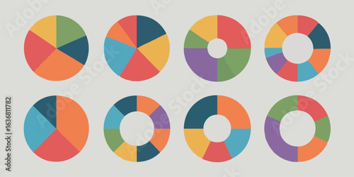 Colorful Pie Chart and Doughnut Chart Graphics for Data Visualization and Infographics presentation background representing market analysis trends
