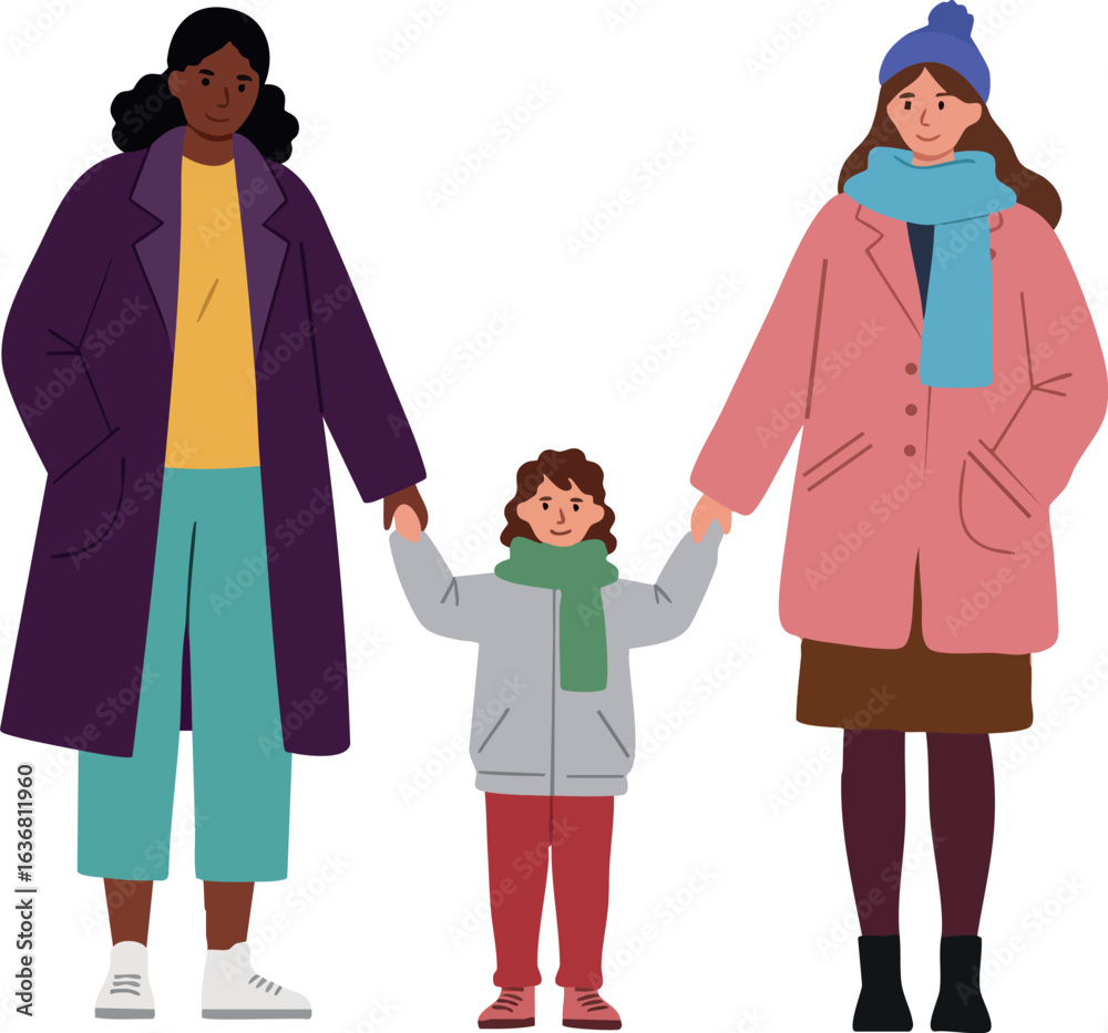 Fototapeta premium Diverse family holding hands wearing winter coats scarves and hats vector illustration 