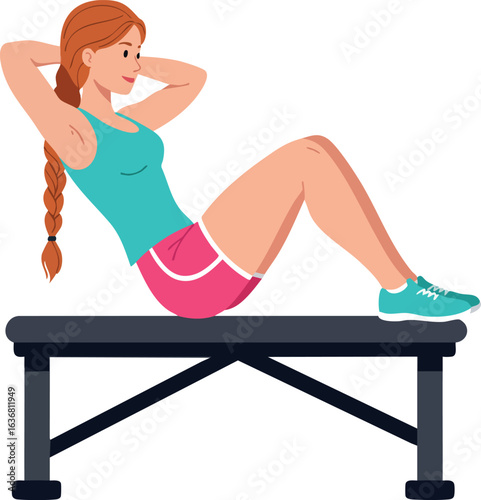 Woman Performing Sit Ups on Bench Exercise Fitness Training Routine Vector Illustration 