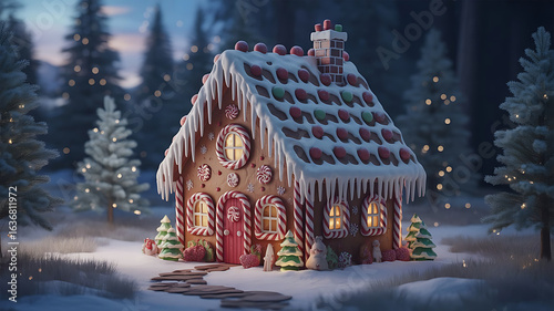Enchanting Gingerbread House Amidst a Snowy Wonderland Festive Holiday Scene with Candy Cane Details and Twinkling Lights