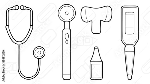 Illustration of medical instruments including a stethoscope otoscope reflex hammer bottle and thermometer silhouette