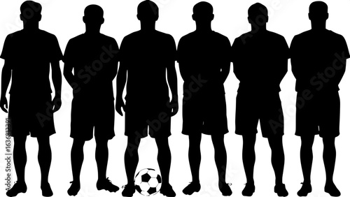 "Stylized black silhouettes of seven young male soccer players standing upright in uniform formation, facing the viewer, with a soccer ball placed precisely in the center. No facial features or detail
