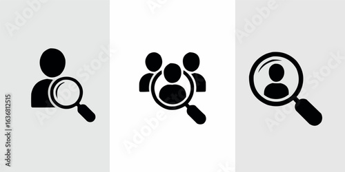 Job Search Concept with Magnifying Glass and Person Icons in Recruitment Process Highlighting Individual Candidate in Team