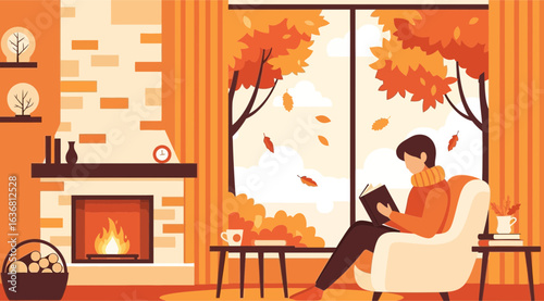 Cozy autumn scene with a person reading a book by a warm fireplace and looking out the window at falling leaves, illustration