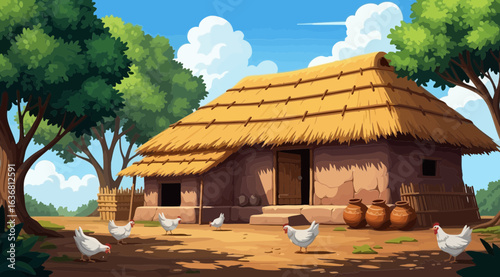 Pixel art illustration of a traditional thatchedroof village house in a rural countryside setting with trees and chickens roaming around