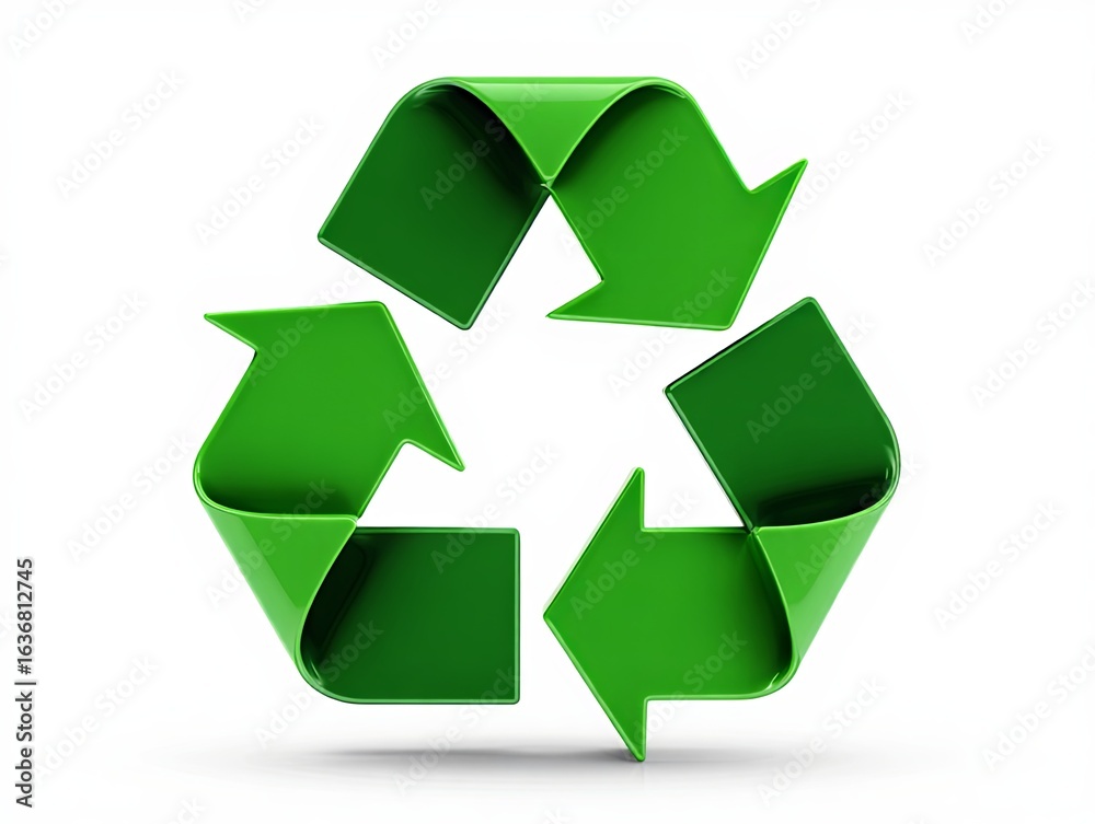 Obraz premium A 3D recycling symbol in bright green with sharp, angular features is set against a white background. It signifies environmental responsibility, reuse, and a circular economy.
