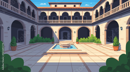 A pixel art illustration of a grand, historic courtyard with arches, a fountain, and lush greenery, bathed in sunlight and shadows, evoking a serene and artistic atmosphere