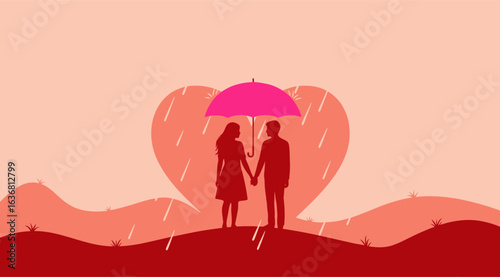 A romantic couple holding hands under a pink umbrella, silhouetted against a large pink heart shape, with rain falling around them and a stylized landscape in the background