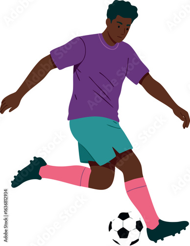 Male Soccer Player Kicking Ball in Purple Shirt and Blue Shorts Vector Illustration 