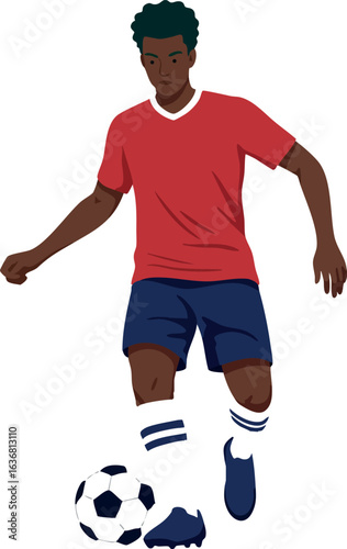Soccer player dribbling ball in red jersey and blue shorts vector illustration 