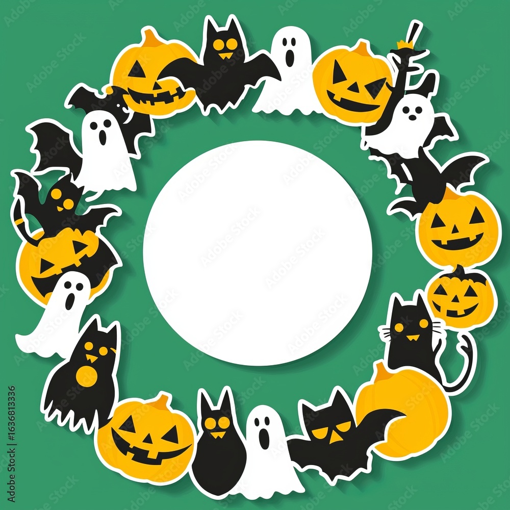 Naklejka premium This lively Halloween-themed image features a colorful circular arrangement of playful ghosts, bats, and pumpkins, perfect for creating a festive spooky vibe during the holiday.