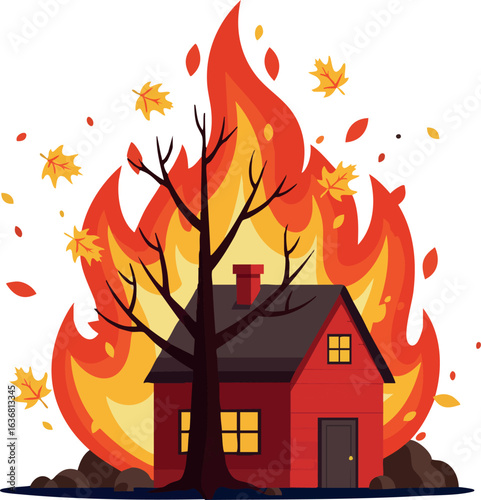 Burning house with autumn leaves and large flames vector illustration fire hazard safety concept 