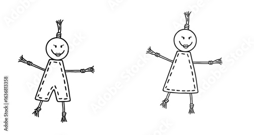 Two simple doodle characters, one male and one female, in playful design
