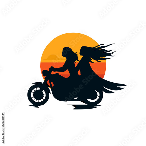 Two riders on a motorcycle with flowing hair against a sunset background