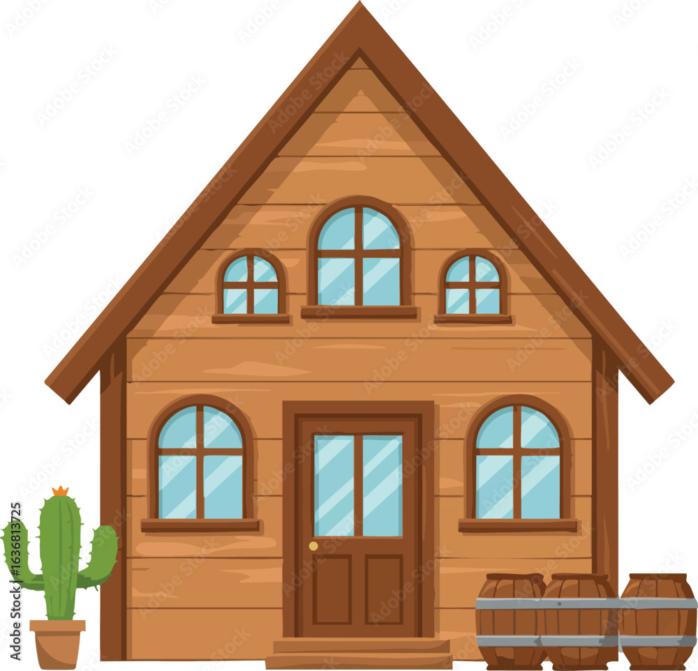 Wooden house with brown barrels and cactus plant vector illustration in rustic style Wooden house with brown barrels and cactus plant vector illustration in rustic style