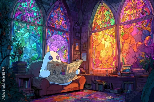 Cartoon ghost relaxes in a colorful room while reading a newspaper by vibrant stained glass windows Generative AI