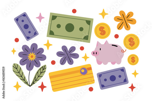 Financial Whimsy: A delightful arrangement of money elements, including banknotes, coins, and a charming piggy bank, playfully arranged with vibrant flowers and stars.