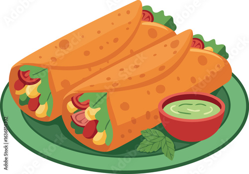 Two vegetable wraps with dipping sauce on green plate vector illustration food meal 
