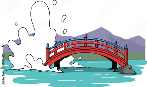 Red Japanese Bridge Over Water with Splash and Distant Mountains Vector Illustration 