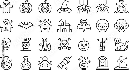 Collection of halloween icons in a simple outline style