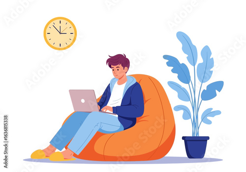 Young man working on a laptop while sitting on a beanbag chair with a clock and plant in the background, isolated on white background