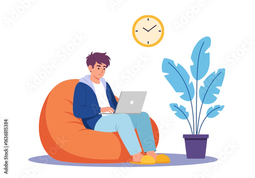 A young man working on a laptop while sitting comfortably in a beanbag chair at home, isolated on white background