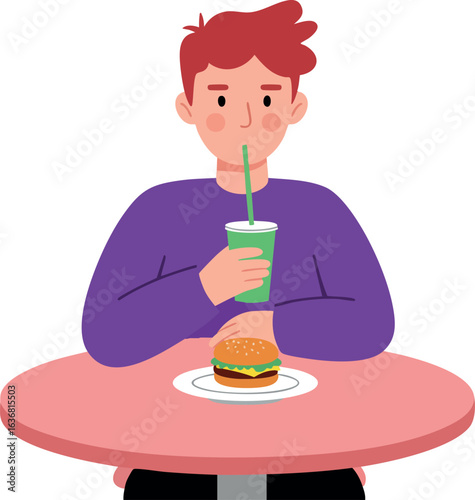 Young man drinking beverage and eating burger at table vector illustration 