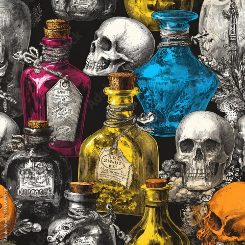 Colorful potion bottles with spooky labels create a seamless pattern perfect for Halloween and fantasy themes Generative AI