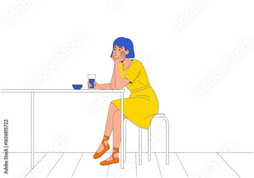 A young woman with blue hair in a yellow dress sits at a table with a drink and a bowl, isolated on white background